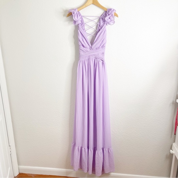 Lulus Soiree Celebration Ruffled Lace Up Maxi Dress Purple Extra Small - Picture 2 of 6